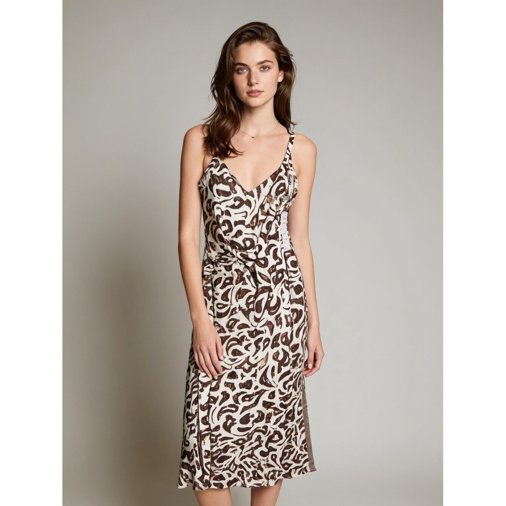 MSK Brown White Abstract Print V-Neck Midi Dress with Front Tie XL 93605625 O